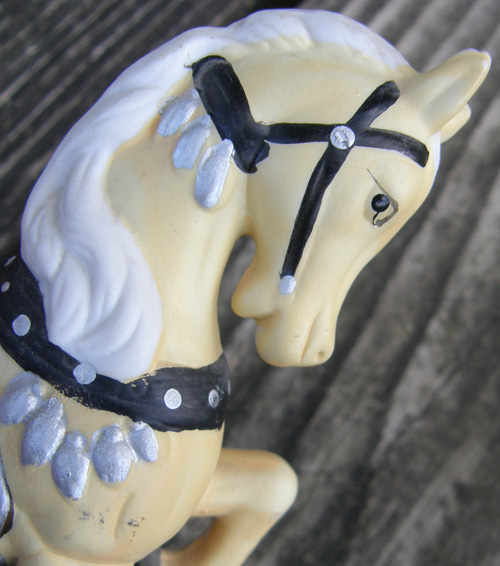 Vintage Porcelain Carousel Horse Music Box on Wood Base Brass Pole