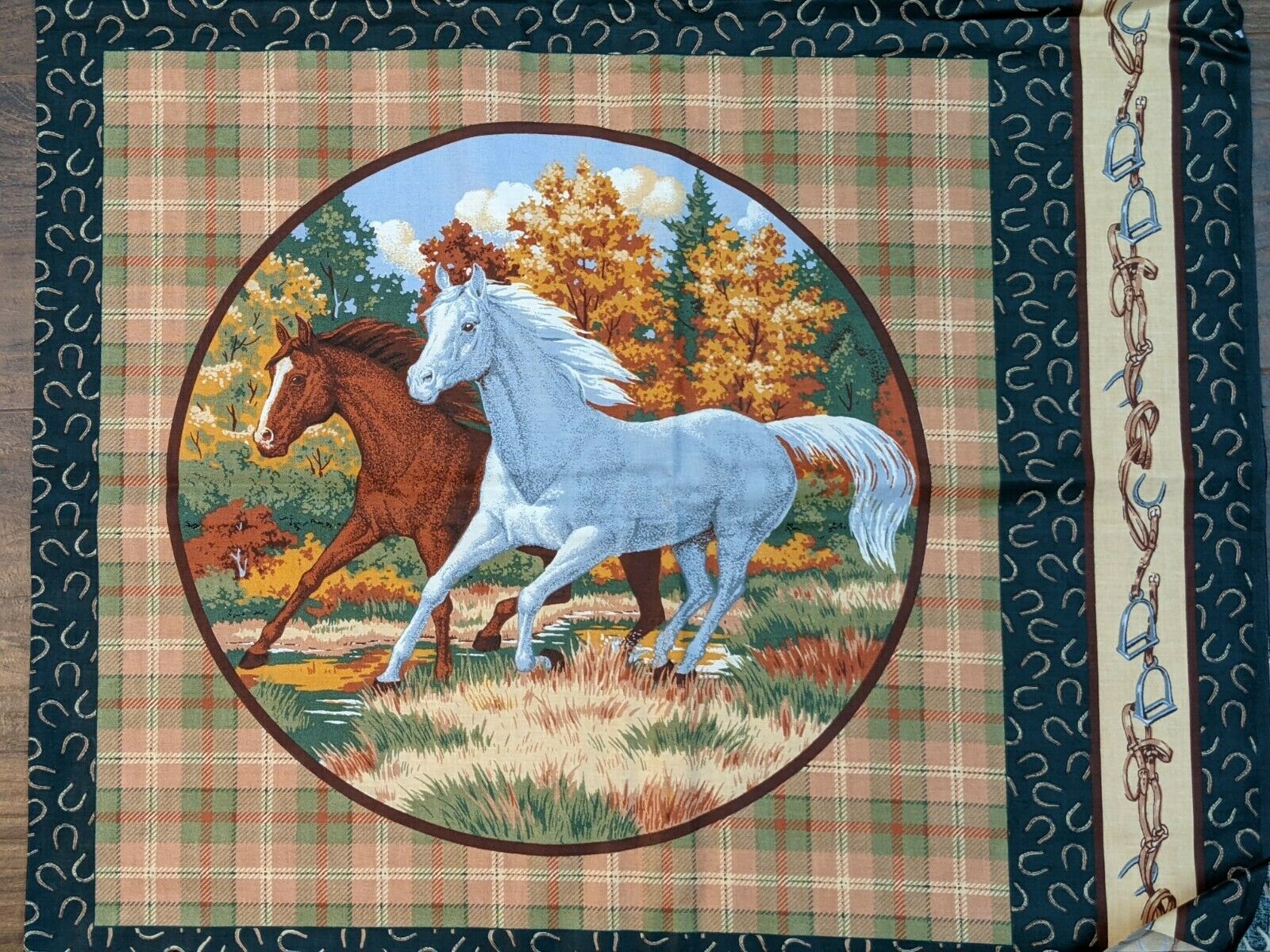 Vintage Wamsutta OTC Fabric Panel Wild Horse Wildfire Equestrian Horseshoe Quilt Squares Horse Print Fabric Cotton Dress Material Remnant