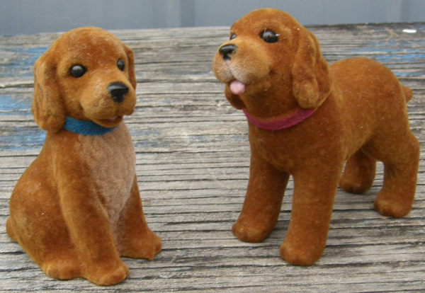 Vintage? Flocked Dogs Plastic Toy Dog Seated Flocked Cocker Spaniel Standing Flocked Puppies Brown