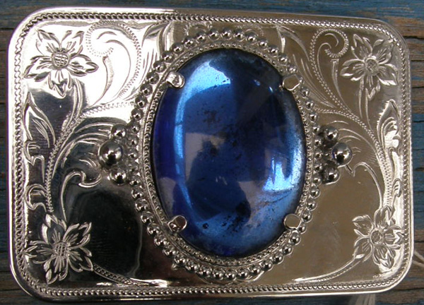 Engraved Silver Belt Buckle Large Blue Stone Center Western Belt Buckle