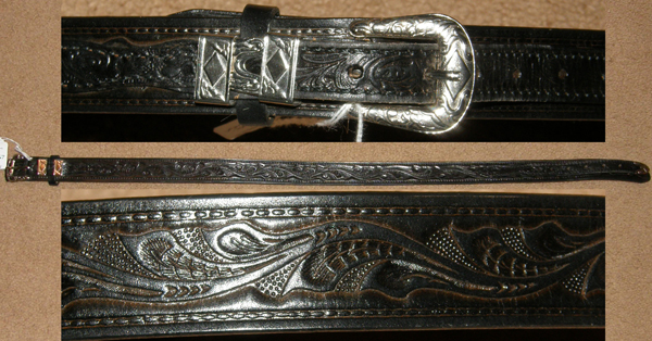 Tex Tan Tooled Leather Ranger Belt Tooled Cowhide Western Belt Etched Silver Belt Buckle Black 30"