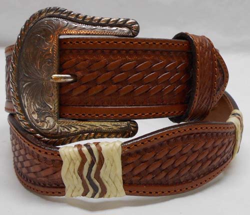 Tony Lama Scalloped Leather Western Belt Basketweave Tooled Leather & Braided Rawhide Trim with Engraved Silver Belt Buckle Lt Oil 32 California Braid Trim