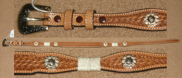 Double S Belt Collection Hand Tooled Leather Western Belt Shaped Belt Raspberry Conchos Braided Leather Trim Basketweave Tooled Lt Oil Chestnut 30"