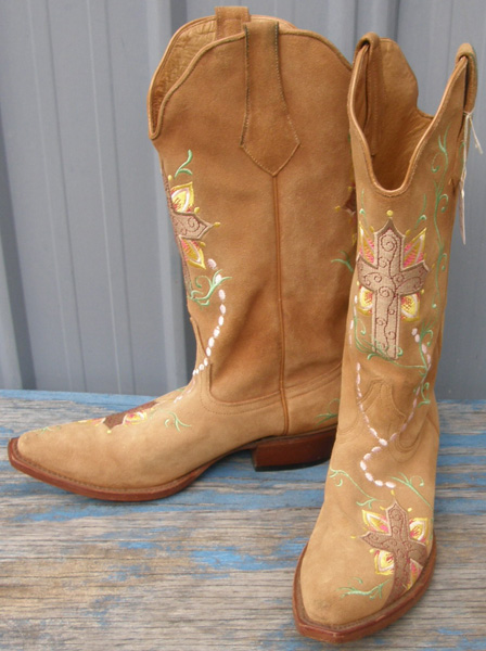 Johnny Ringo Floral Cross Suede Leather Western Boots Embroidered Crosses & Flowers Cowboy Boots Tan Ladies 7 B
