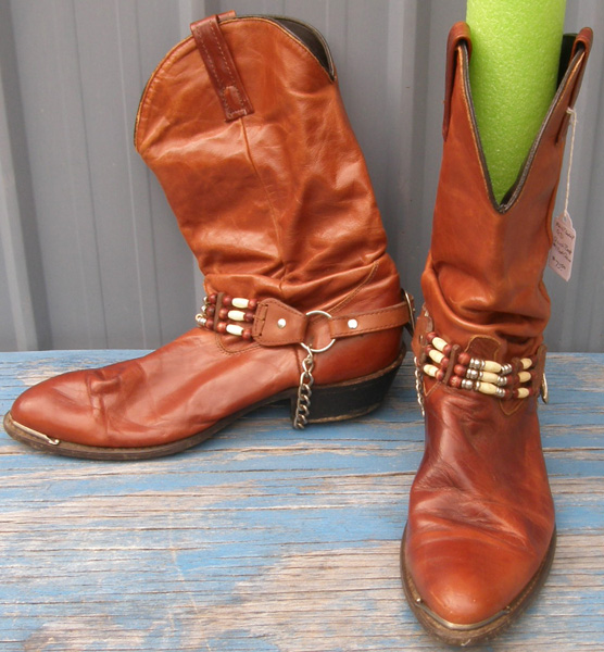 Smooth Leather Slouch Boots Western Boots Cowboy Cowgirl Boots Beaded Boot Chains Brown Ladies? Mens? 9 D