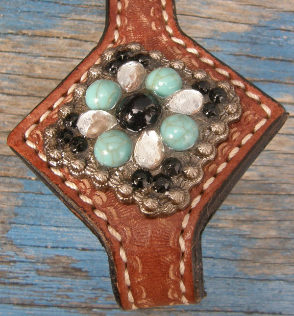 Showman? Hilason? Turquoise Bling Browband Western Bridle Breastcollar Set Turquoise/Black/Silver Cross Conchos Silver Dot Trim Western Headstall 7' Split Reins Breast Collar Cob Horse Chestnut Leather