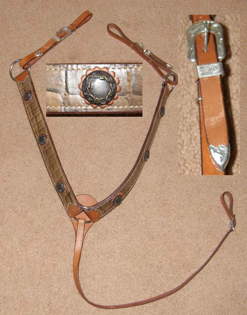 Leather Western Breastcollar Reptile Print Overlay Barbwire Conchos Western Breast Collar