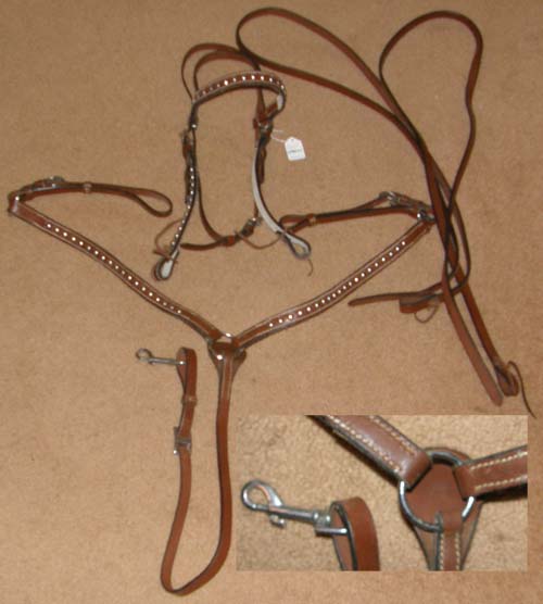 Showman? Hilason? Silver Studded Browband Western Headstall Center Ring Straight Breastcollar Silver Stud Trim Silver Studs Western Bridle Split Reins Breast Collar Set Brown Horse