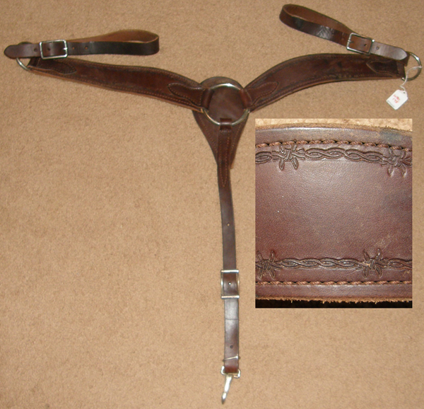 Contoured Leather Western Breastcollar Barbed Wire Tooled Shaped Breastcollar Center Ring Roper Breast Collar Brown Cob/Arab/S Horse
