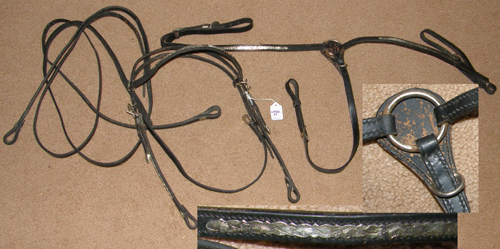 Western Bridle with Silver Black Leather Western Headstall Split Reins & Center Ring Western Breastcollar Silver Trim Breast Collar