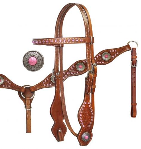 Showman Western Headstall and Breast Collar Set with Pink Rhinestones Silver Conchos with Pink Stone Center Shaped Western Bridle Split Reins Tooled Leather Shaped Breastcollar Set