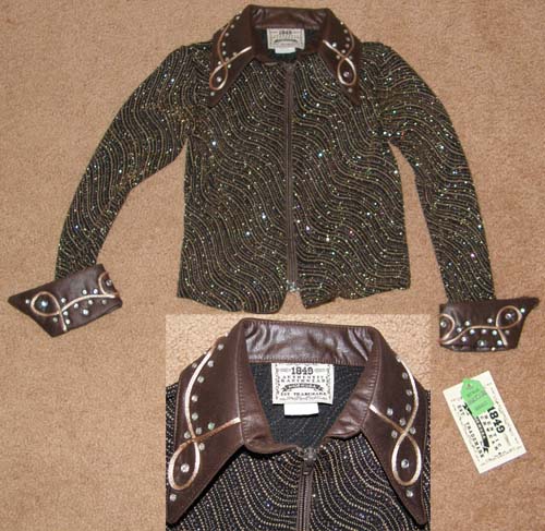 1849 Authentic Ranchwear Western Show Shirt Slinky Top Zip Front Rail Shirt Chocolate Brown Rhinestone Glitter on Black Childs Lead Line Western Show Shirt