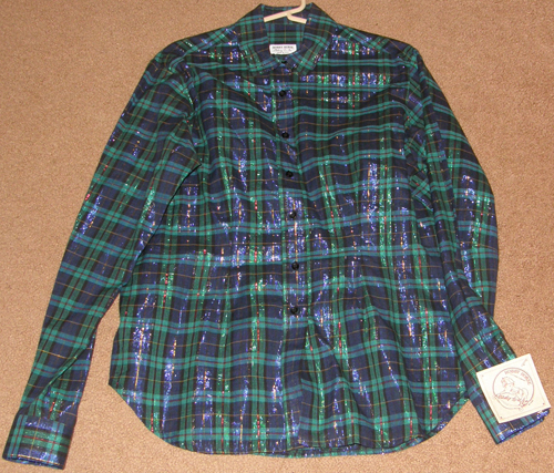 Hobby Horse Long Sleeve Western Shirt Button Down Western Short Shirt Metallic Green/Blue/Gold Plaid Ladies L