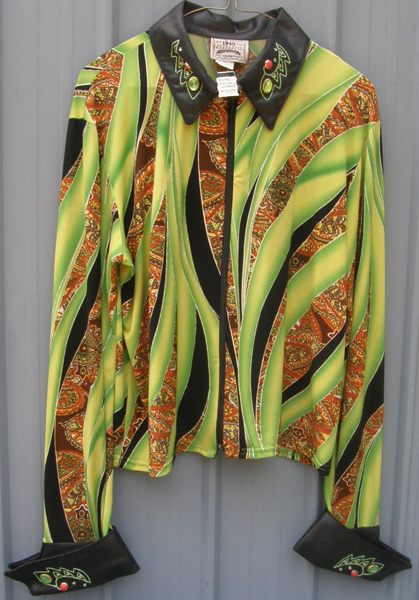 1849 Authentic Ranchwear Zip Front Western Slinky Top Rail Shirt Western Show Shirt Lime/Black/Orange Print Ladies XXL
