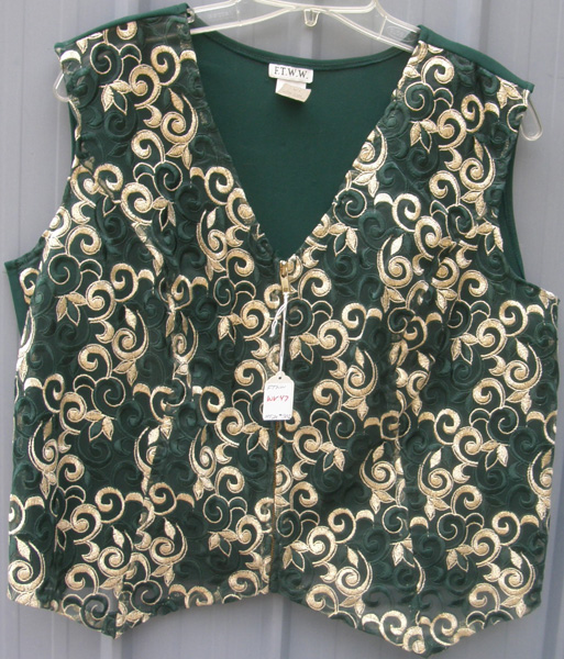 FTWW Lace Western Show Vest Zippered Lacy Vest Hunter Green Metallic Gold Ladies Plus Size