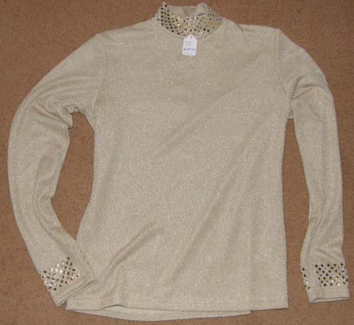 Hobby Horse Western Show Shirt Ribbed Zippered Slinky Top Golden Sand Rhinestones Studs Ladies M