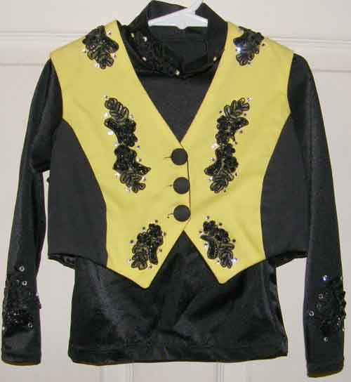 Saddledasher Designs Western Show Shirt Black Slinky Top & Vest Leadline Set Western Rail Shirt & Vest Appliqued Sequins Rhinestones Black/Yellow Childs S/M