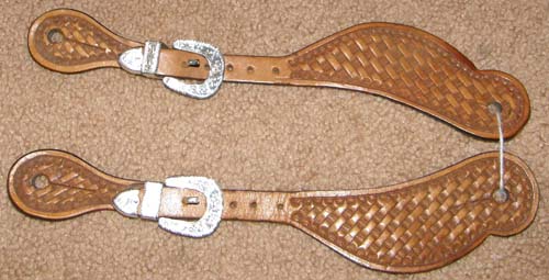 Shaped Leather Basketweave Basket Stamp Tooled Western Spur Straps Show Western Spurs Straps w/Silver