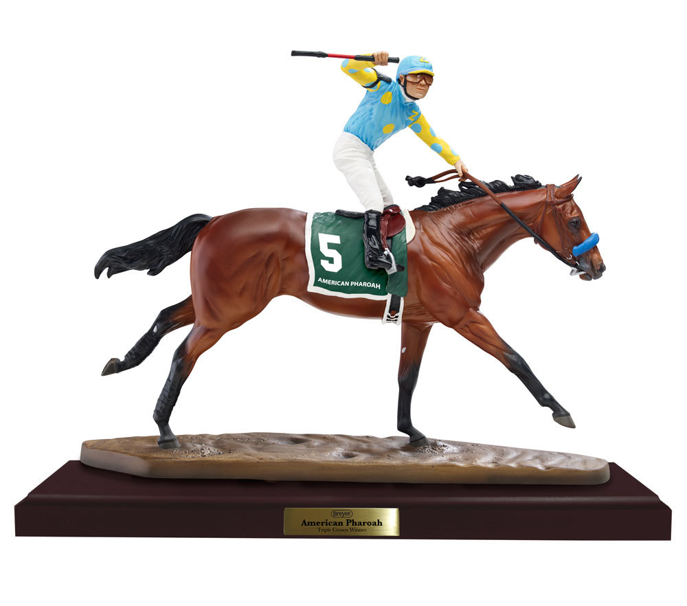 Breyer Horse #9180 American Pharoah Artists Resin Porcelain Racehorse & Jockey on Base Bay TB Race Horse