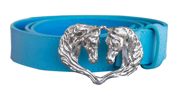 WOW Western Belt Silver Double Horse Head Buckle English Belt Silver Horsehead Buckle Lt Blue Ladies 28 30 34 36