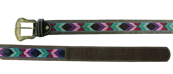 WOW Woven Multi Colored Chevron Belt Western Belt Engraved Silver Buckle Teal/Purple/Pink/Turquoise/Burgundy on Brown Ladies 30 32 34 36