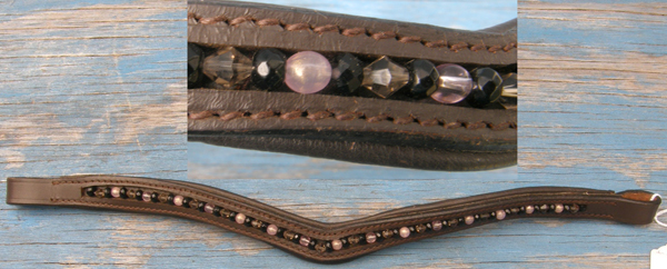 Beaded Wave Brown Leather Padded Browband English Bridle Dressage Bridle Browband Replacement Bridle Part Black Pink Beads Bling Browband Horse 16"