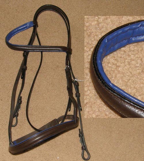 Padded Round Raised English Headstall Snaffle Bridle English Bridle Blue Leather Lined Bridle Brown Horse