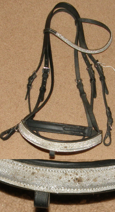 Black Leather English Headstall Metalic Silver Browband Noseband Padded Round Raised Noseband Snaffle Bridle Dressage Bridle with Silver Trim Bling Horse