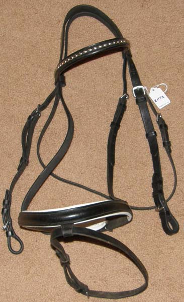 White Leather Padded Black English Headstall with Flash Noseband Round Raised Snaffle Bridle Dressage Bridle with Silver Teardrop Bead Browband Horse