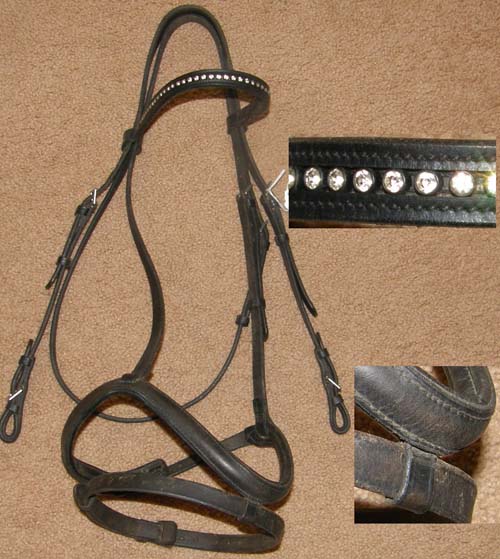TSS Padded Leather Black English Headstall Round Raised Noseband Flash Attachment Snaffle Bridle Dressage Bridle with Crystal Bead Browband Bling Browband