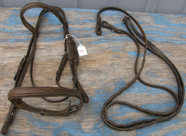 Fancy Stitched Round Raised Snaffle Bridle Padded Leather Lined Browband Noseband English Bridle Laced Reins Dark Brown Cob