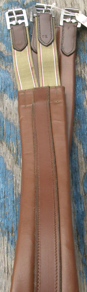 Anti-Chafe Girth Shaped Leather English Girth with Elastic Ends Dark Chestnut Brown 52"