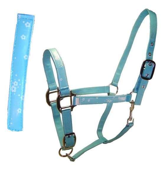 Unbridled Equine Blue Flower Overlay Nylon Halter Adjustable Cob Horse Halter with Throat Snap