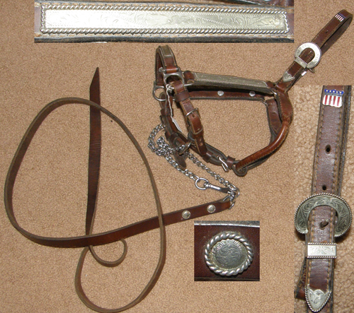 Vintage? Congress Leather Western Stock Show Halter Chain Lead Silver Show Halter Yearling/Cob Brown