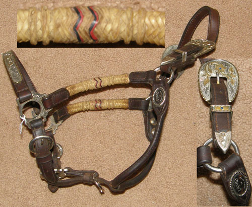Vintage Circle Y Western Show Halter Braided Rawhide Trim Stock Halter with Silver Trim Alpaca Mexico Silver Buckles w/Blue Stones California Braid Cheeks Yearling/S Horse