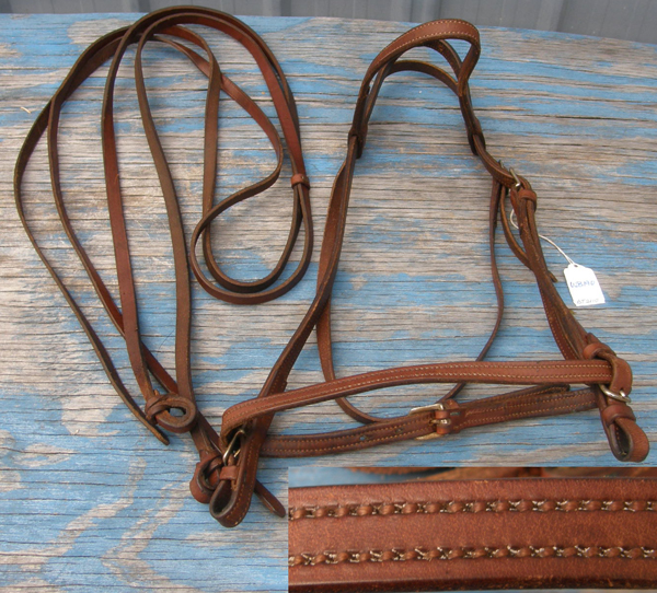 Vintage? Leather Browband Western Headstall Noseband Western Bridle Buckle Ends Split Reins Cob/Horse Dark Chestnut Brown