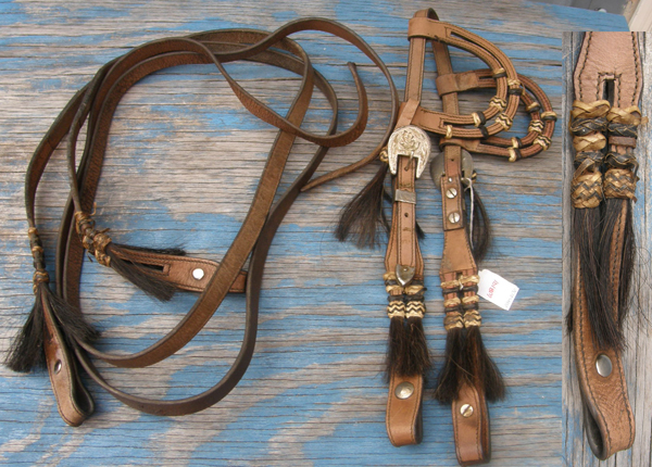 California Braid Sliding Double Ear Western Bridle Doubled Ear Western Headstall Split Reins Horsehair Tassels Silver Buckles Antique Brown Horse
