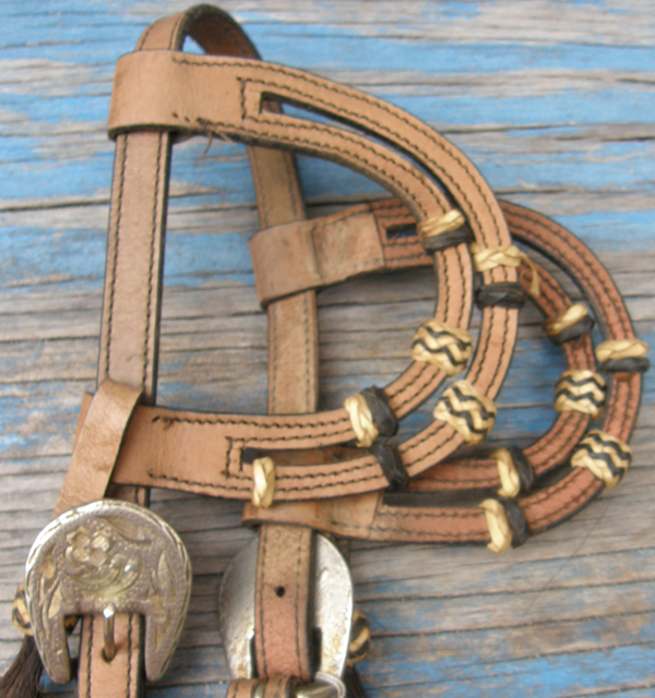 California Braid Sliding Double Ear Western Bridle Doubled Ear Western Headstall Split Reins Horsehair Tassels Silver Buckles Antique Brown Horse