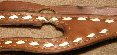 Buckstitch Western Bridle Shaped One Ear Western Headstall Split Reins Chestnut Brown Horse