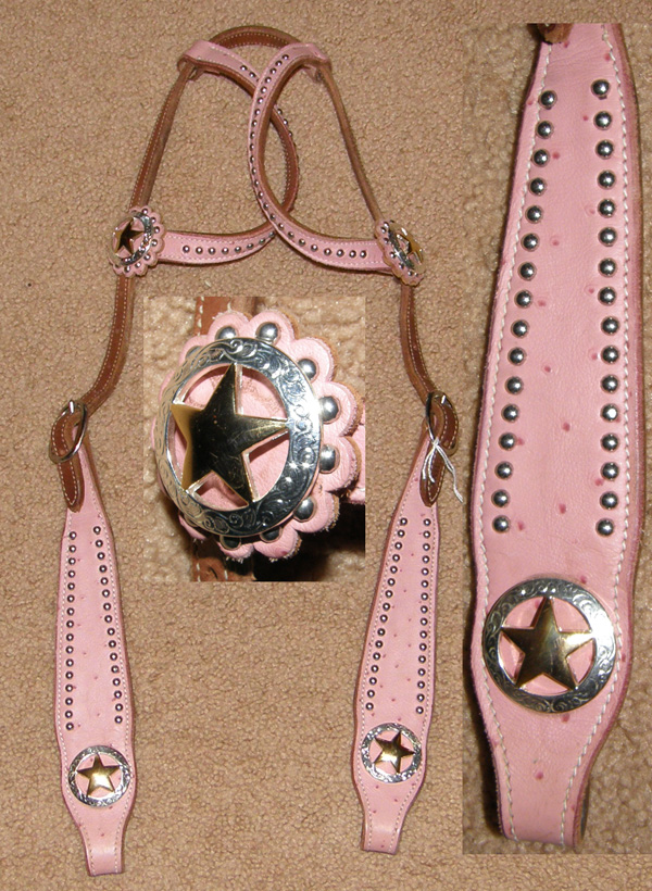 Tahoe Tack Pink Ostrich Print Double Ear Western Headstall Silver Studs Texas Star Conchos Double Sliding Ear Western Bridle Horse