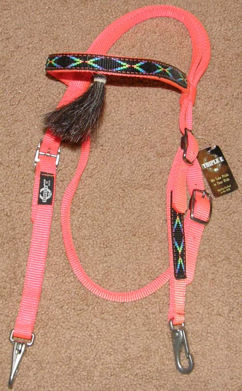 Triple E Southwestern Print Orange Nylon Western Bridle Snap Ends Navajo South Western Print Western Headstall Snaps Quick Change Headstall Horsehair Tassel Horse