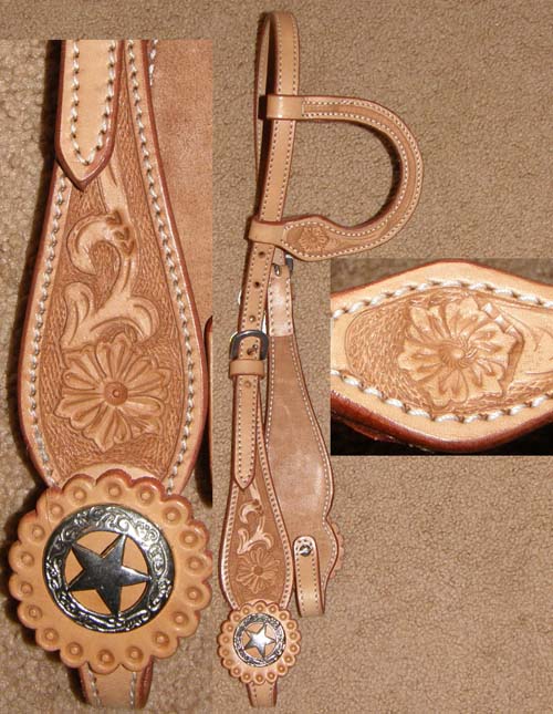 Showman? Sliding One Ear Tooled Shaped Cheek Western Headstall Texas Star Conchos Single Ear Western Bridle Lt Oil Horse