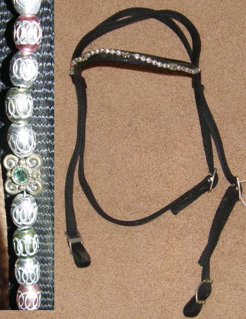 Weaver Nylon Headstall Silver Beaded Overlay Browband Black Nylon Western Headstall with Bling Western Bridle Horse
