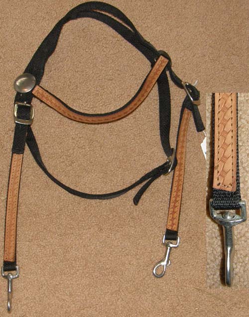 Black Nylon Western Headstall Snap Ends Browband Western Bridle Snaps Barbed Wire Tooled Leather Overlay Horse