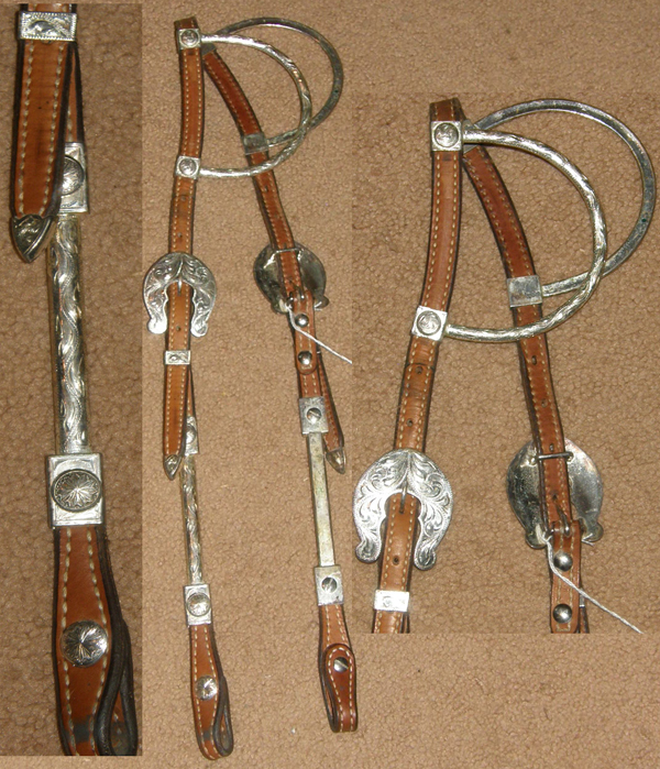 Tex Tan? Kathys? Circly Y? Engraved Silver Double Ear Western Headstall Lt Oil Chestnut Western Show Bridle Silver Tube Sliding Ear Western Show Headstall Silver Trim Mexico Silver Buckles Engraved Silver Tube Cheeks Horse