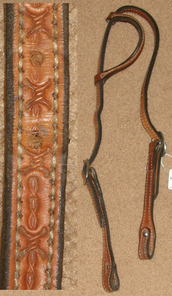 Sliding One Ear Barbed Wire Western Headstall Barb Wire Tooled Western Headstall Western Bridle Lt Oil/Chestnut Horse