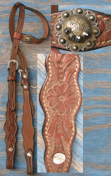 Rodeo Drive Floral Scalloped One Ear Headstall Sliding One Ear Tooled Leather Western Headstall Shaped Western Bridle Silver Berry Concho Medium Brown