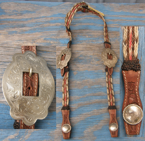 Vintage Tory Leather Braided Horsehair Trim Sliding One Ear Western Headstall Hitched Horse Hair Acorn Tooled Leather Western Bridle Mexico Silver Buckles Horse