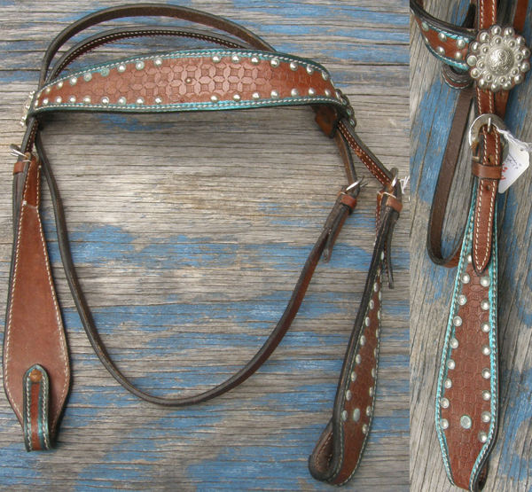 Showman? Hilason? Alamo Tack? Tough-1? Shaped Browband Shaped Cheeks Western Headstall Silver Studs Dots Turquoise Painted On Trim Bling Headstall Silver Conchos Dark Chestnut Horse