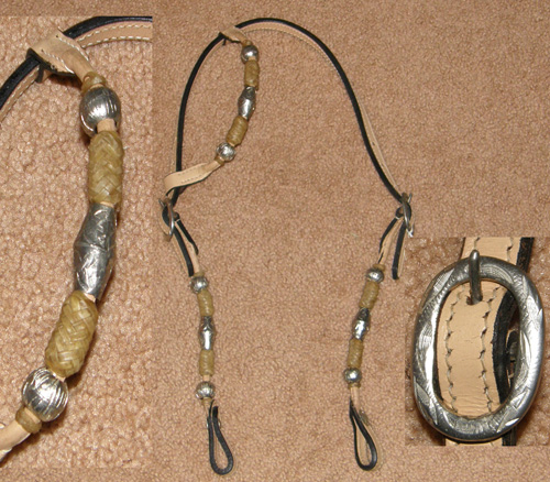 Lt Oil Sliding One Ear Western Headstall One Ear Western Bridle Braided Rawhide Trim Etched Silver Barrel Beads Horse